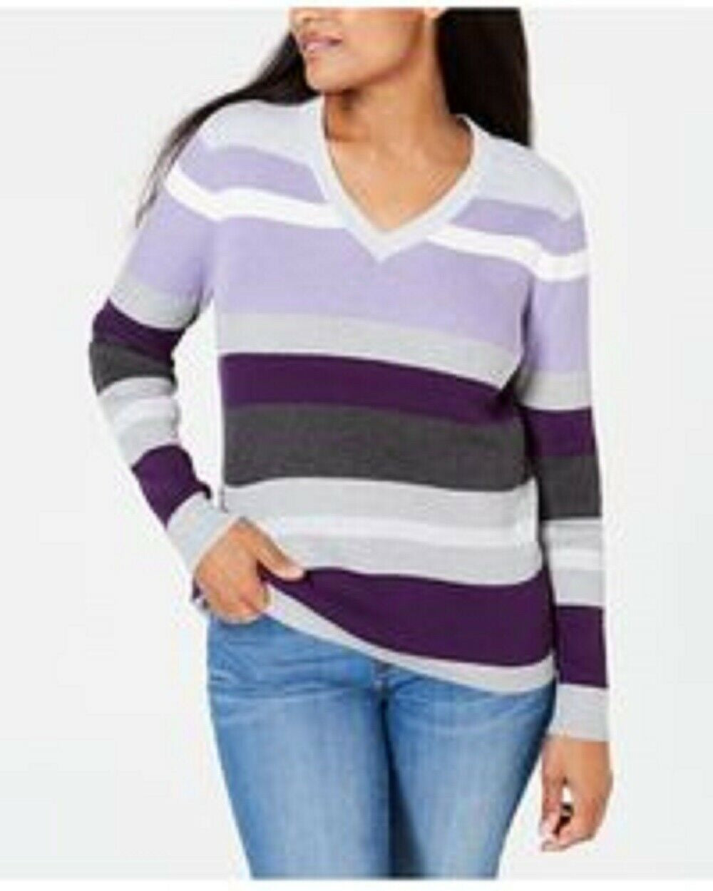 Karen Scott Women's Emma Cotton Striped Sweater Purple Size Petite Small-Medium