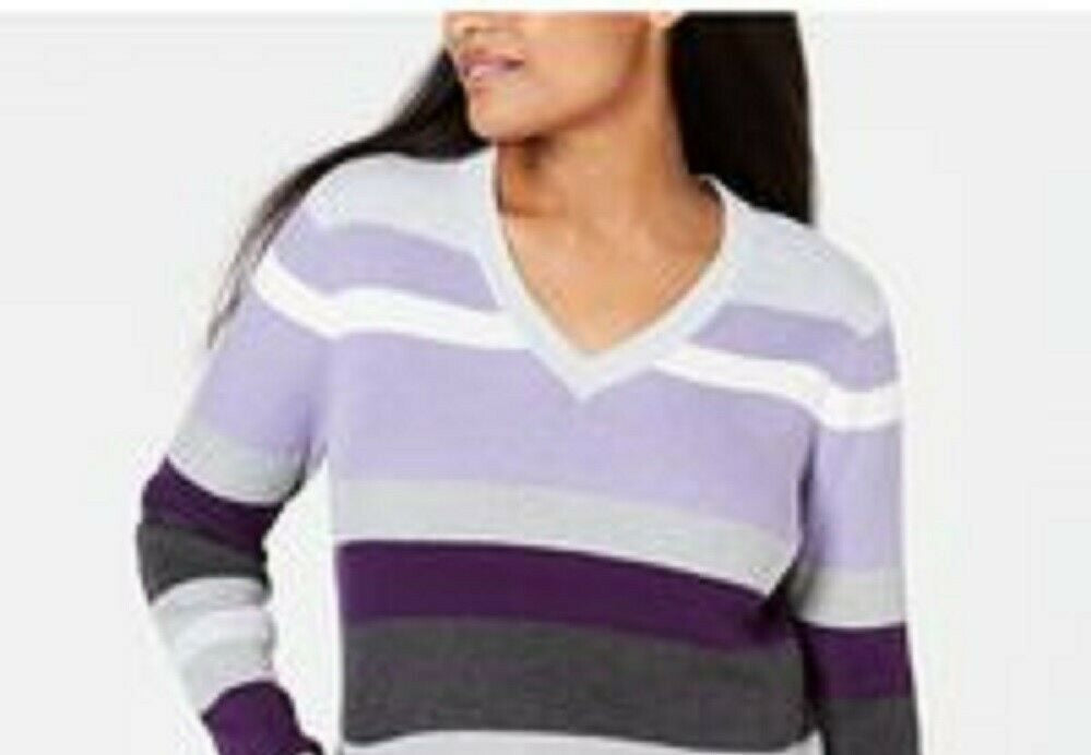 Karen Scott Women's Emma Cotton Striped Sweater Purple Size Petite Small-Medium