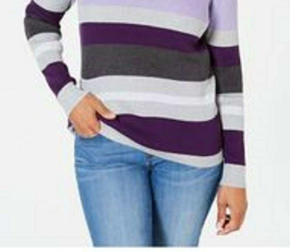 Karen Scott Women's Emma Cotton Striped Sweater Purple Size Petite Small-Medium