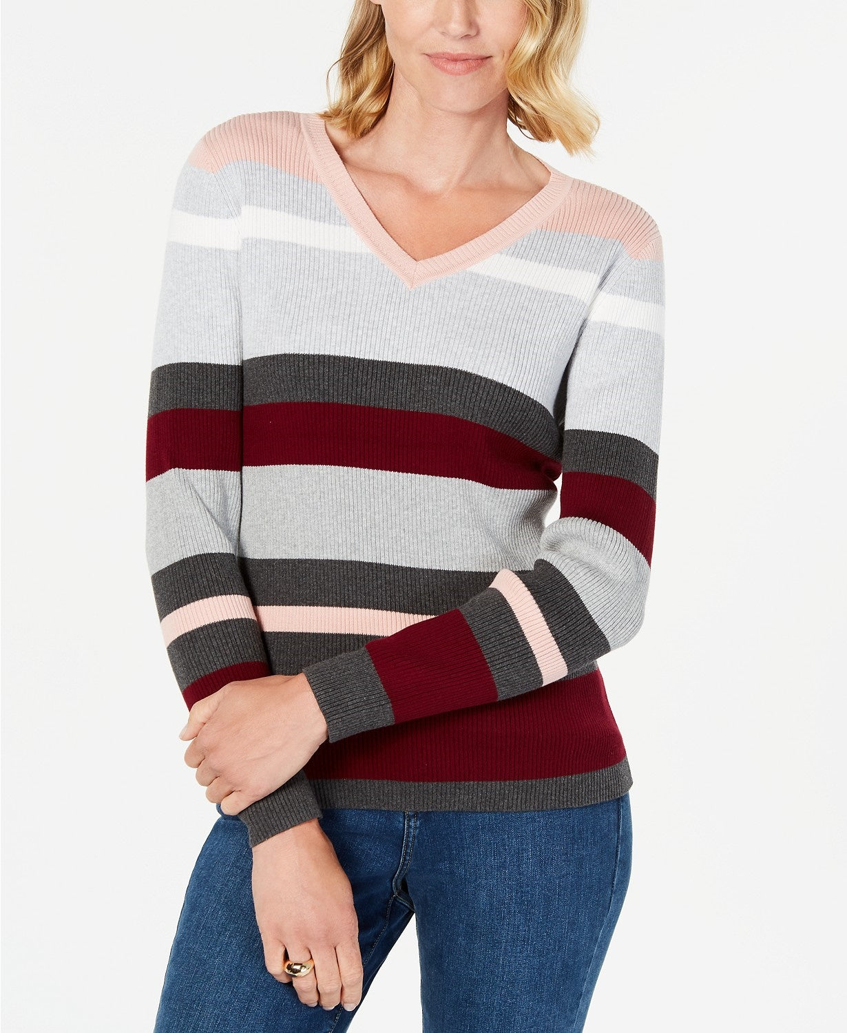 Karen Scott Women's Petite Emma Cotton Striped Sweater  Medium Red Size Petite Small