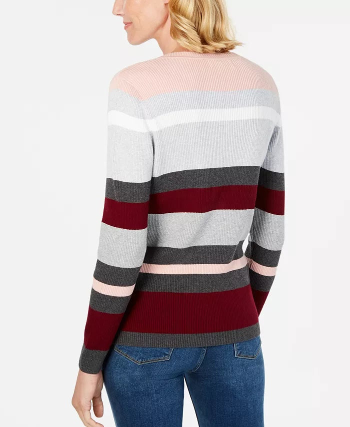 Karen Scott Women's Petite Emma Cotton Striped Sweater  Medium Red Size Petite Small