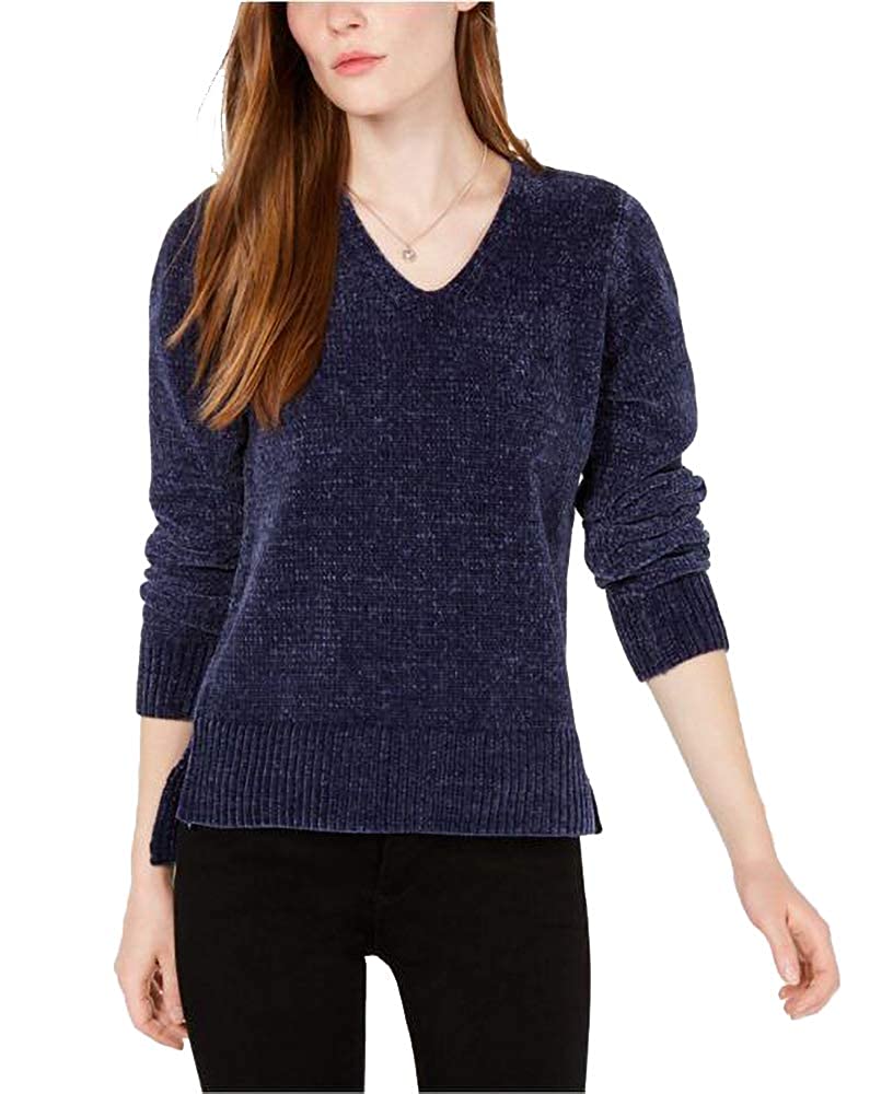 Maison Jules Women's Chenille V Neck Sweater Blue Size Large