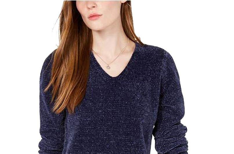 Maison Jules Women's Chenille V Neck Sweater Blue Size Large