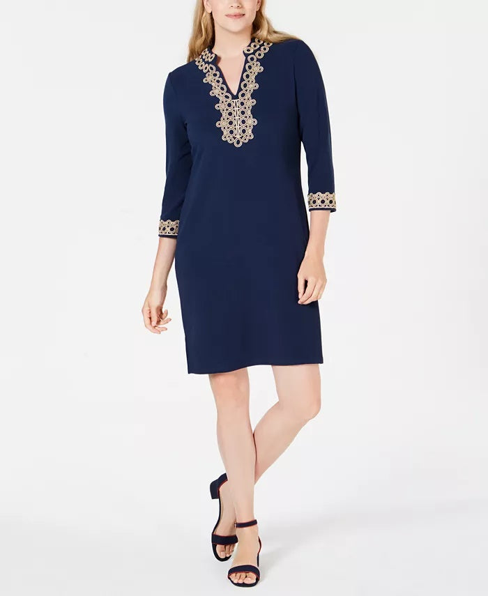 Charter Club Women's Braided-Trim Shift Dress Blue Size Medium