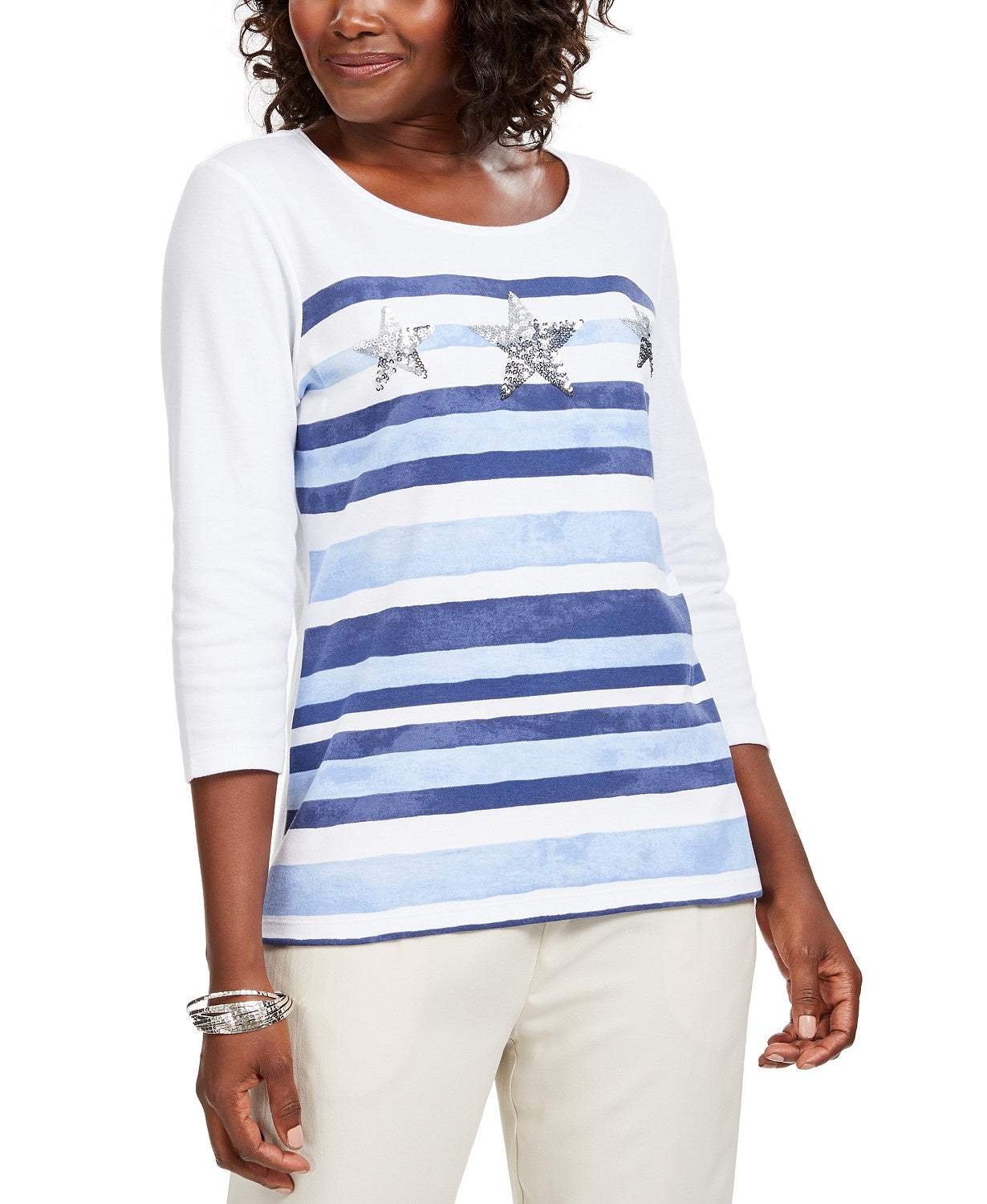 Karen Scott Women's Striped Sequined Seashell Top White Size Small