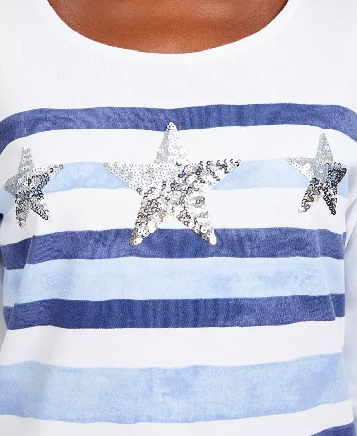 Karen Scott Women's Striped Sequined Seashell Top White Size Small