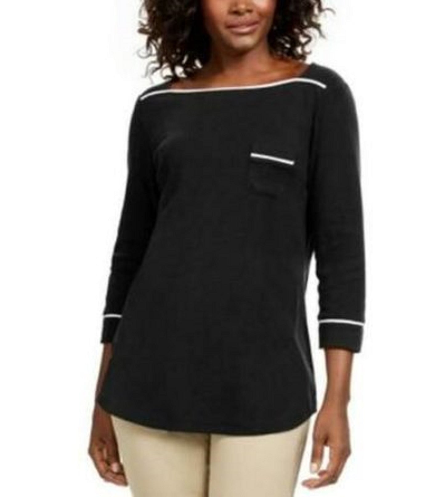 Karen Scott Women's Petite Piping-Trim T-Shirt Black Size Medium