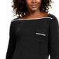 Karen Scott Women's Petite Piping-Trim T-Shirt Black Size Medium