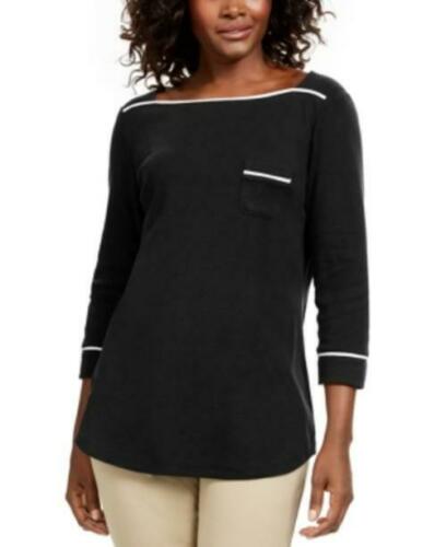 Karen Scott Women's Petite Piping-Trim T-Shirt Black Size Petite