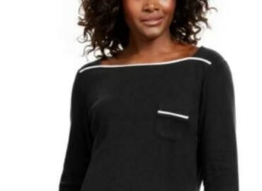 Karen Scott Women's Petite Piping-Trim T-Shirt Black Size Petite