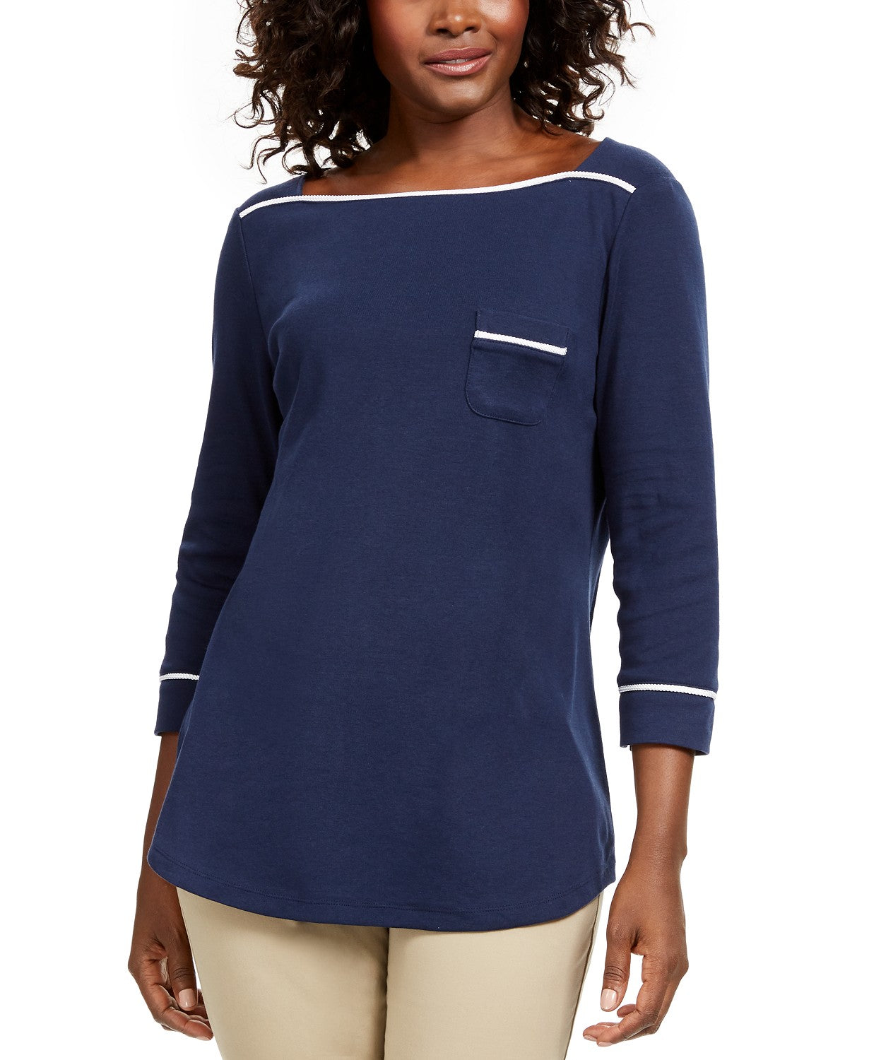 Karen Scott Women's Petite Piping-Trim T-Shirt Navy Size Medium