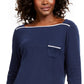 Karen Scott Women's Petite Piping-Trim T-Shirt Navy Size Medium