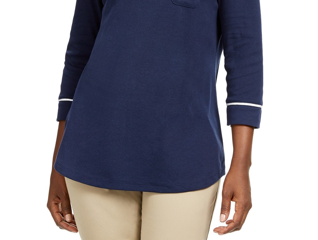 Karen Scott Women's Petite Piping-Trim T-Shirt Navy Size Medium