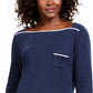 Karen Scott Women's Petite Piping-Trim T-Shirt Navy Size Petite