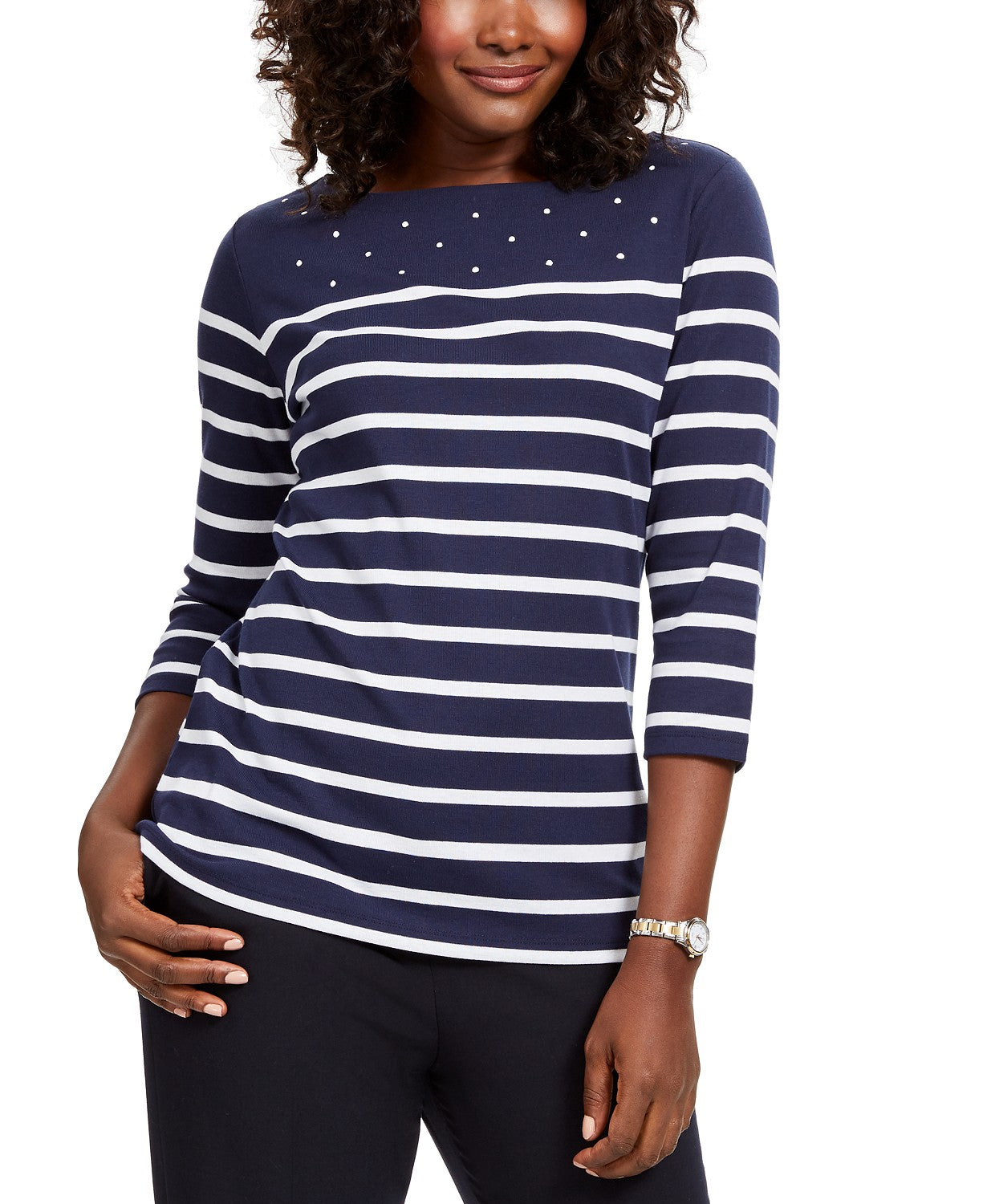 Karen Scott Women's Petite Striped Boatneck T-Shirt  Navy Size Petite Medium
