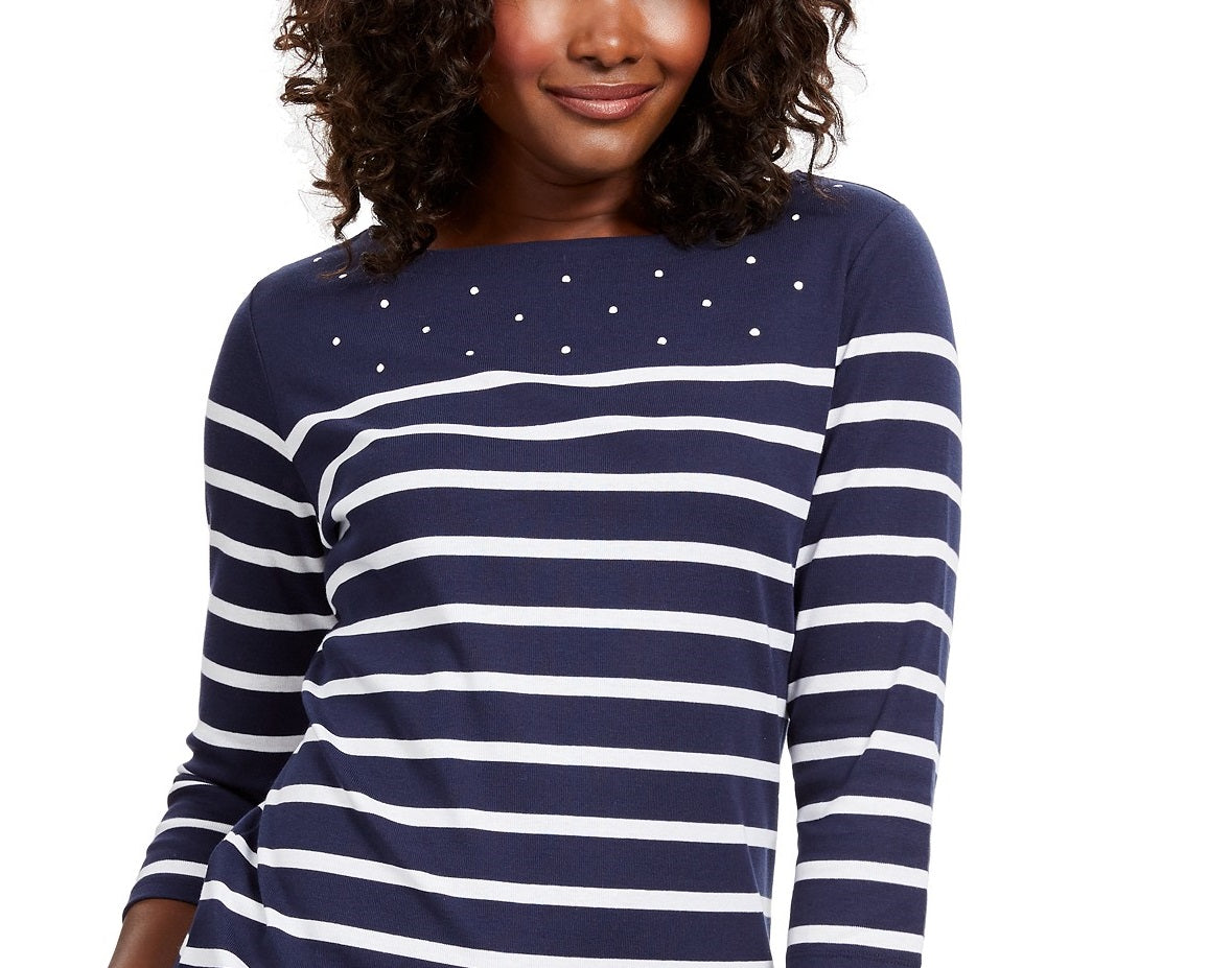 Karen Scott Women's Petite Striped Boatneck T-Shirt  Navy Size Petite Medium