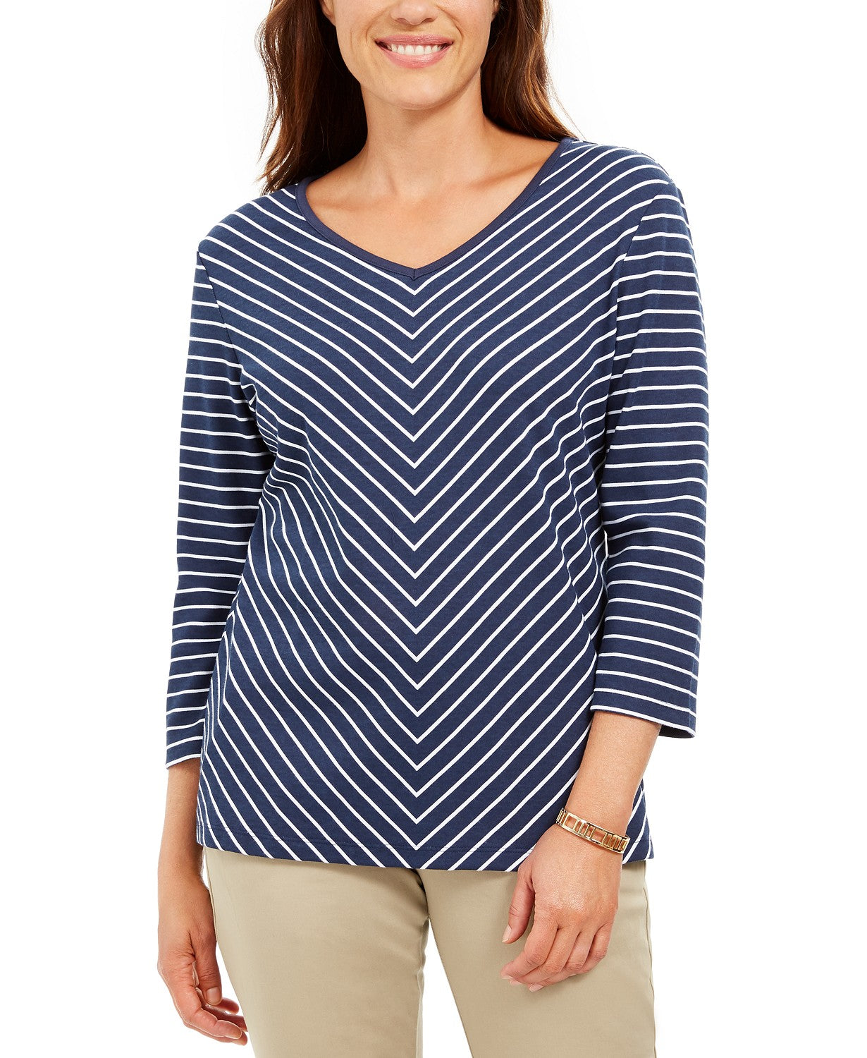 Karen Scott Women's Striped V-Neck Top Blue Size Small