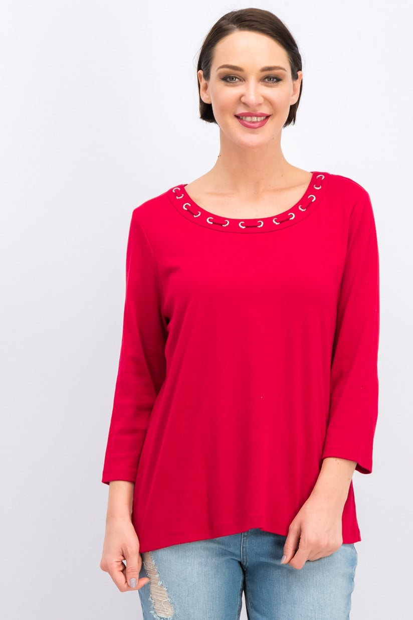 Karen Scott Women's Grommet-Trim Cotton Top New Red Size Large