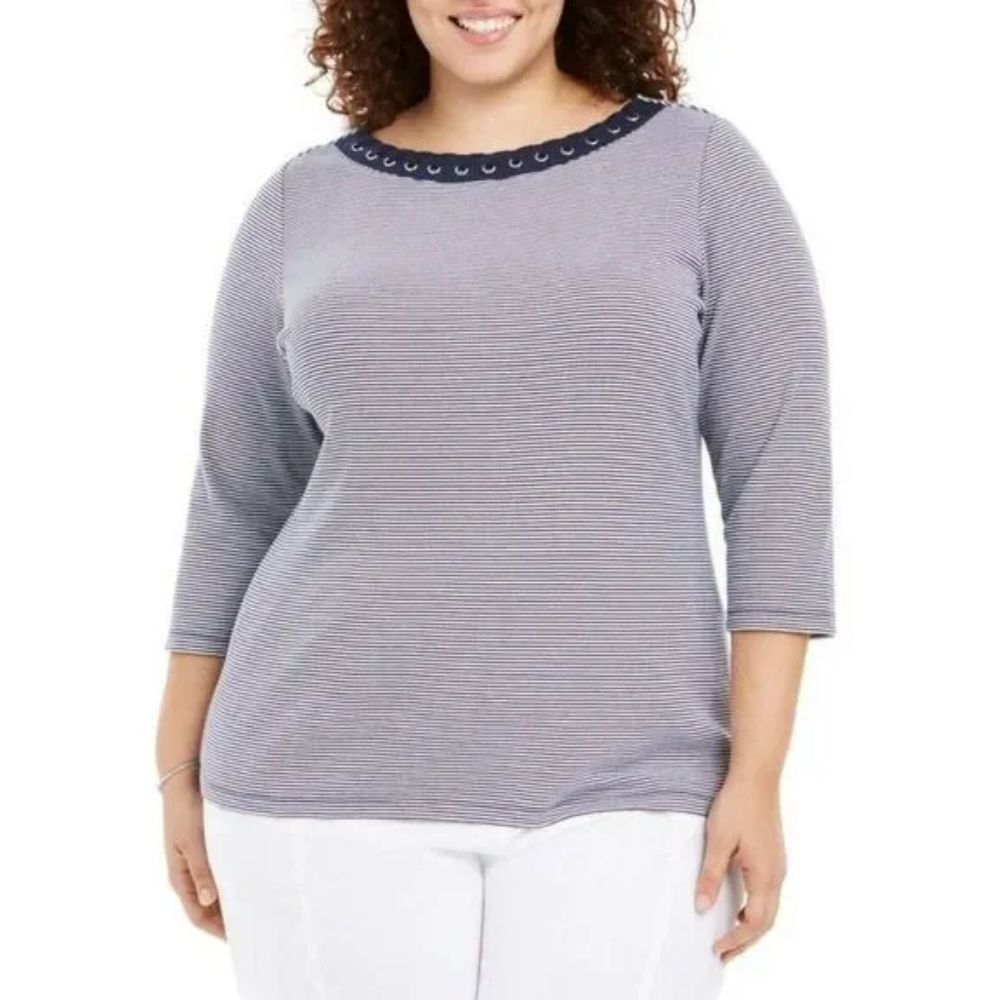 Karen Scott Women's Plus Size Grommet-Trim Striped Cotton Top  Blue Size 3 Extra Large