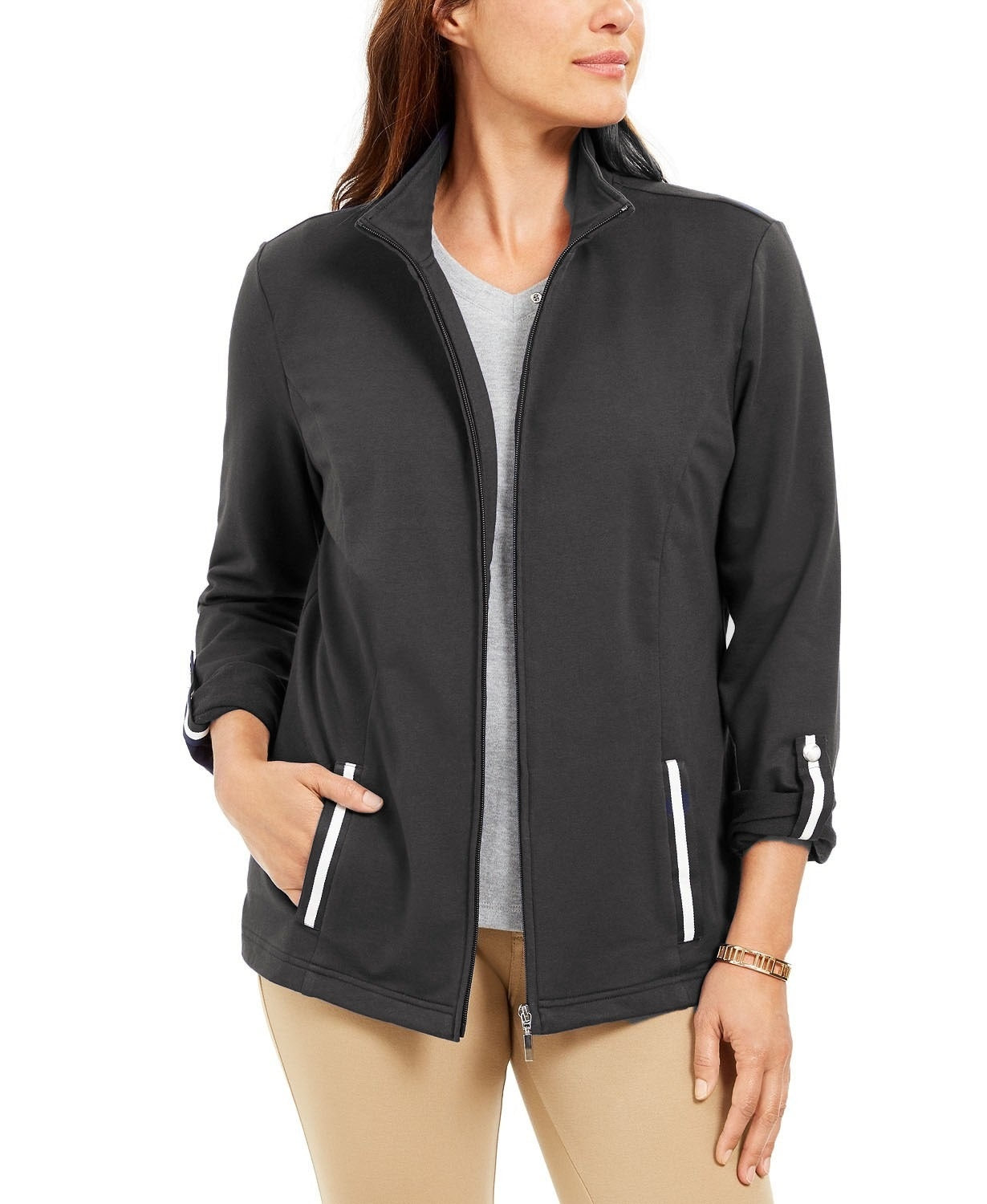 Karen Scott Women's Sport French Terry Ribbon-Trim Jacket Black Size XX Large