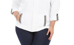 Karen Scott Women's Sport French Terry Ribbon-Trim Jacket White Size Medium