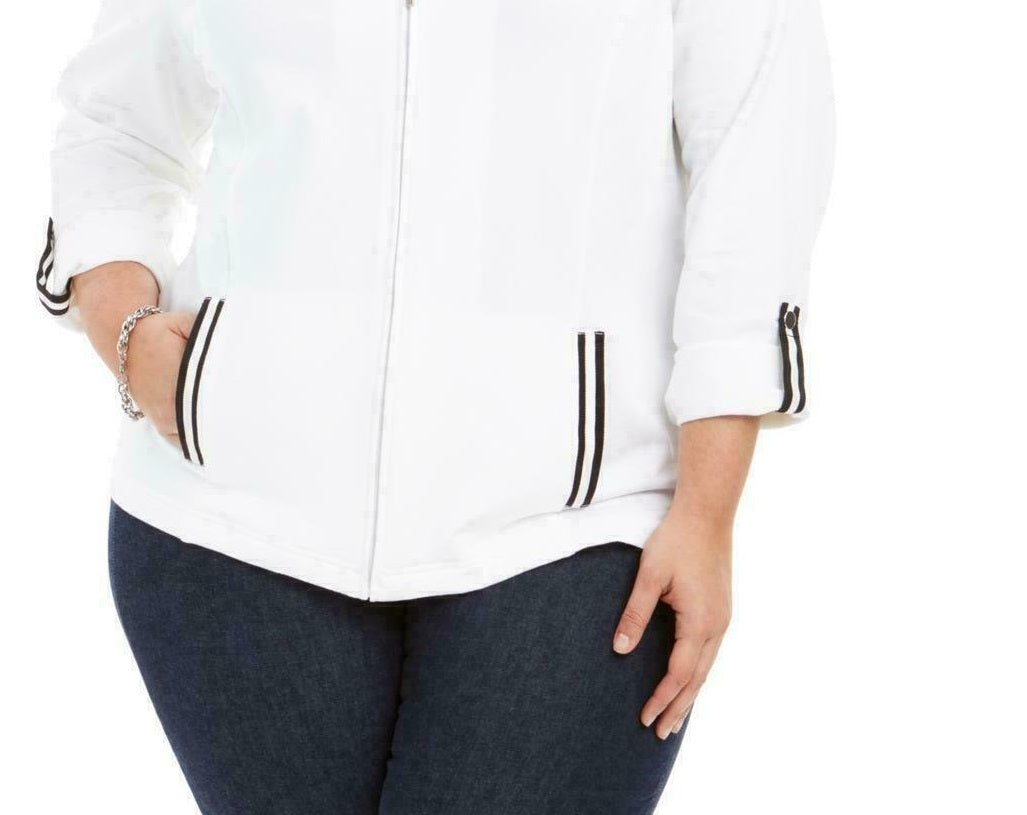 Karen Scott Women's Sport French Terry Ribbon-Trim Jacket White Size Small
