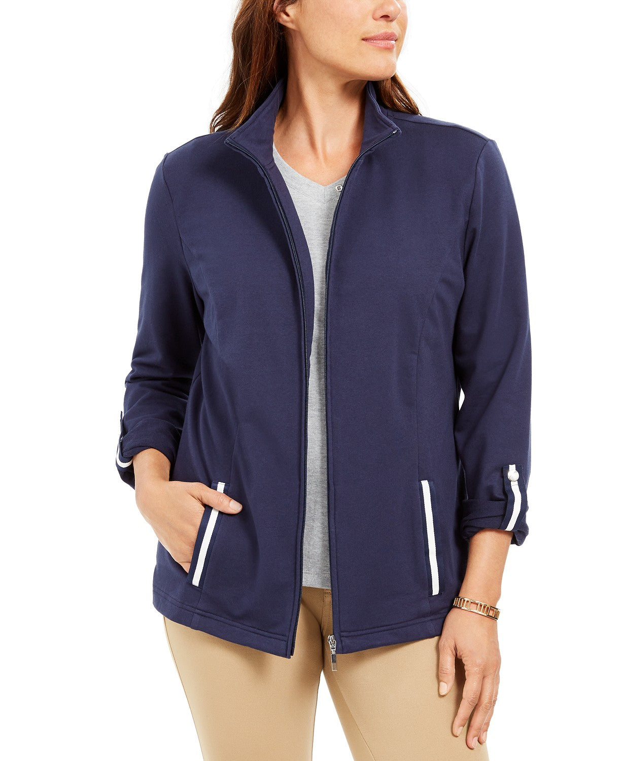 Karen Scott Women's Sport French Terry Ribbon-Trim Jacket Navy Size Extra Large