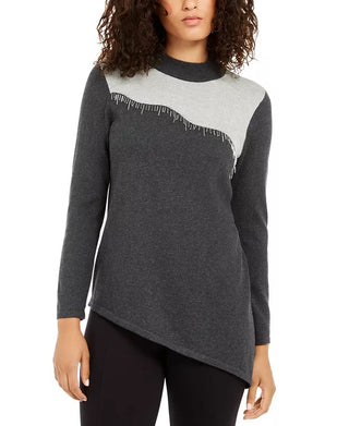 Alfani Women's Asymmetrical Beaded Sweater Dark Gray Size Large