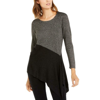 Alfani Women's Metallic Asymmetric Pullover Sweater Black Gold Size Small