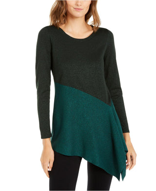 Alfani Women's Asymmetrical Colorblocked Shimmer Top Green Size Small