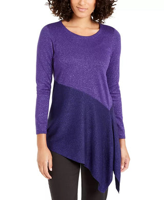 Alfani Women's Asymmetrical Colorblocked Shimmer Top Purple Size Medium