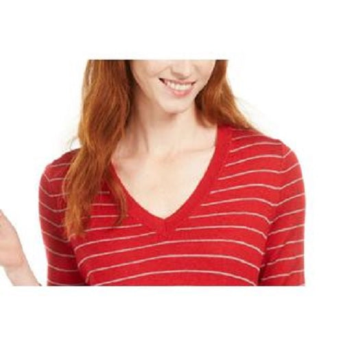 Maison Jules Women's Skinny-Striped Pullover Sweater Bright Red Size X-Small