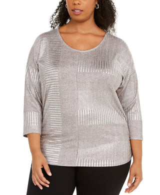 JM Collection  Women's Plus Size Metallic Ribbed Dolman Top  Foil Rib Shine Size Small