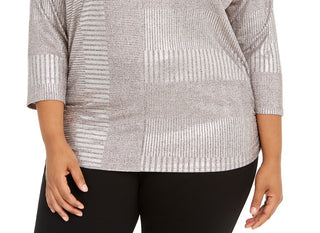 JM Collection  Women's Plus Size Metallic Ribbed Dolman Top  Foil Rib Shine Size Small