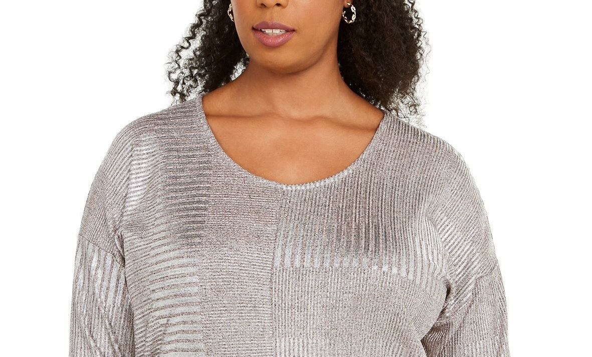 JM Collection  Women's Plus Size Metallic Ribbed Dolman Top  Foil Rib Shine Size Small