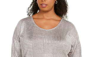 JM Collection  Women's Plus Size Metallic Ribbed Dolman Top  Foil Rib Shine Size Small