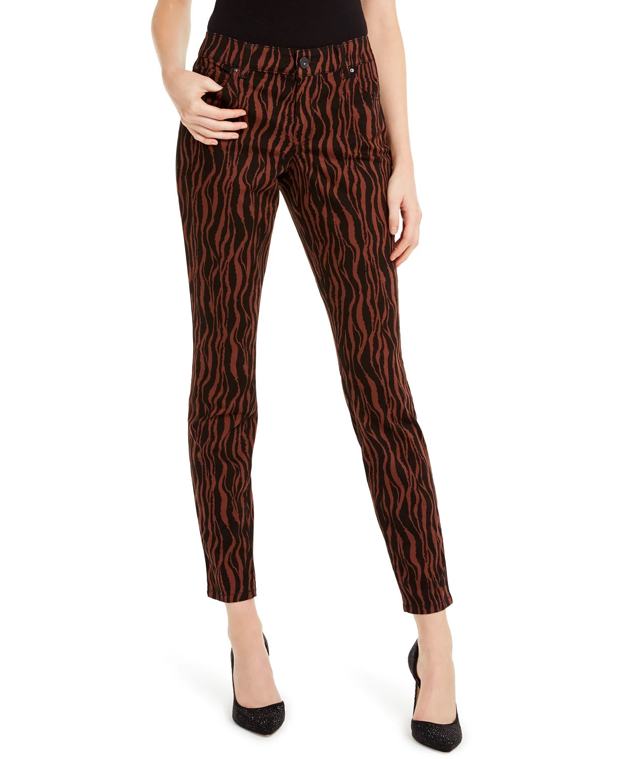 INC International Concepts INCEssentials Tiger Print Skinny Jeans Brown Size 2