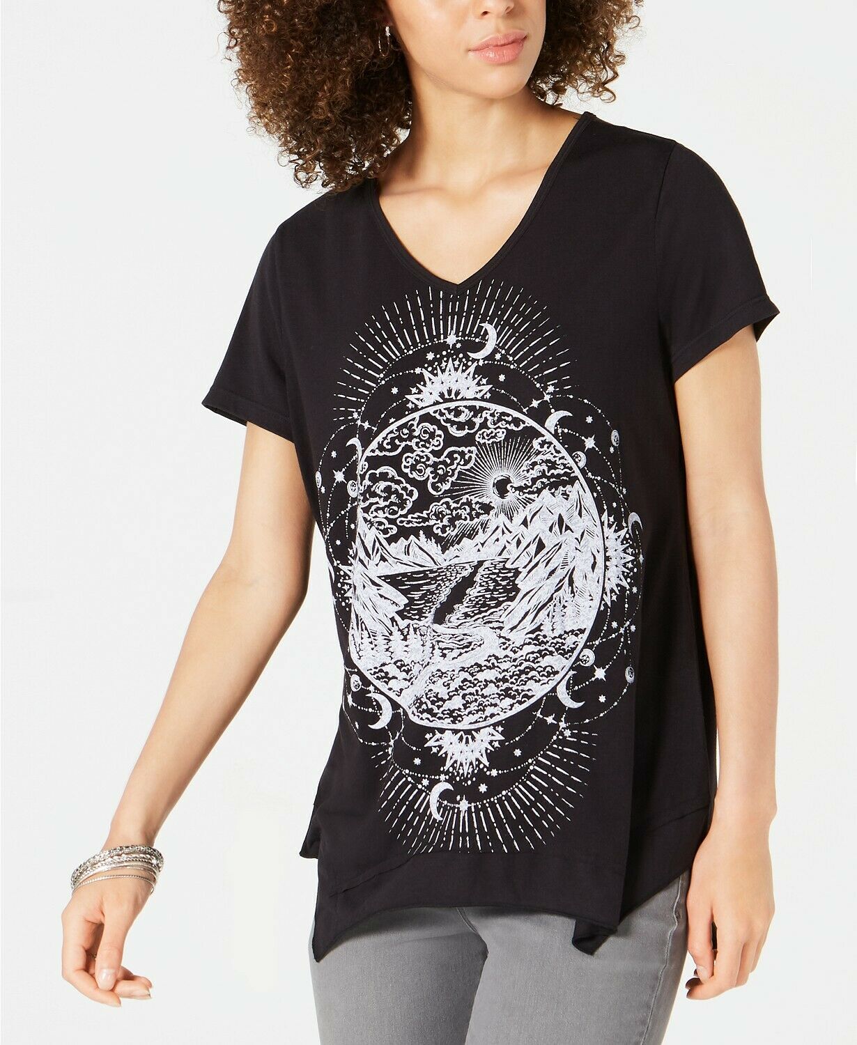 Style & Co Women's Graphic-Print Handkerchief-Hem T-Shirt Black Size Small