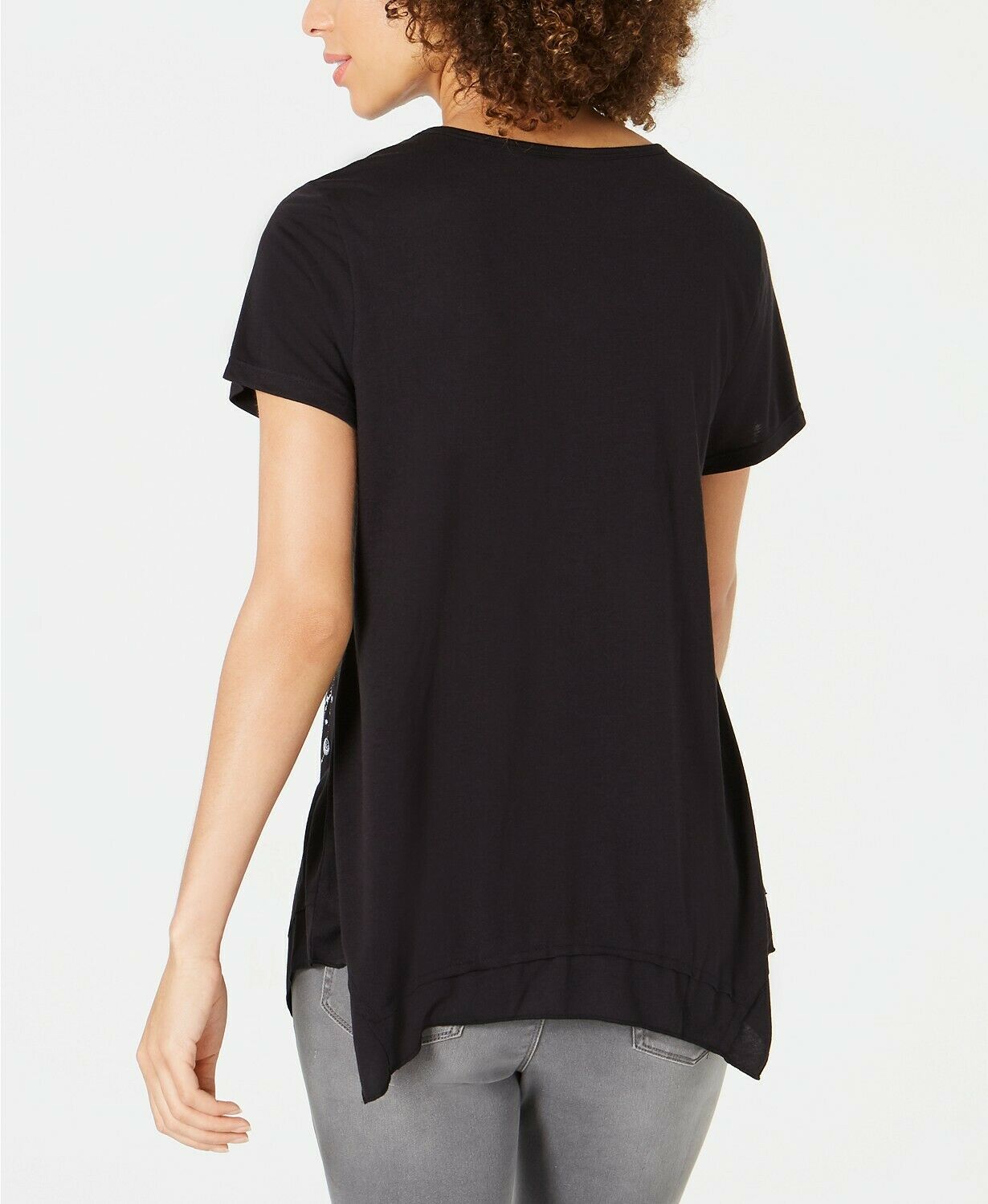 Style & Co Women's Graphic-Print Handkerchief-Hem T-Shirt Black Size Small
