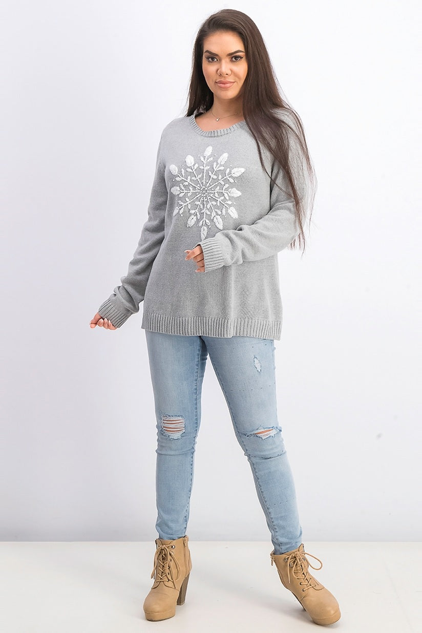 Karen Scott Women's Snowflake Applique Sweater Smoke Grey Comb Size Large