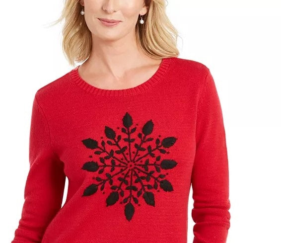 Karen Scott Women's Snowflake Applique Sweater Bright Red Size Large