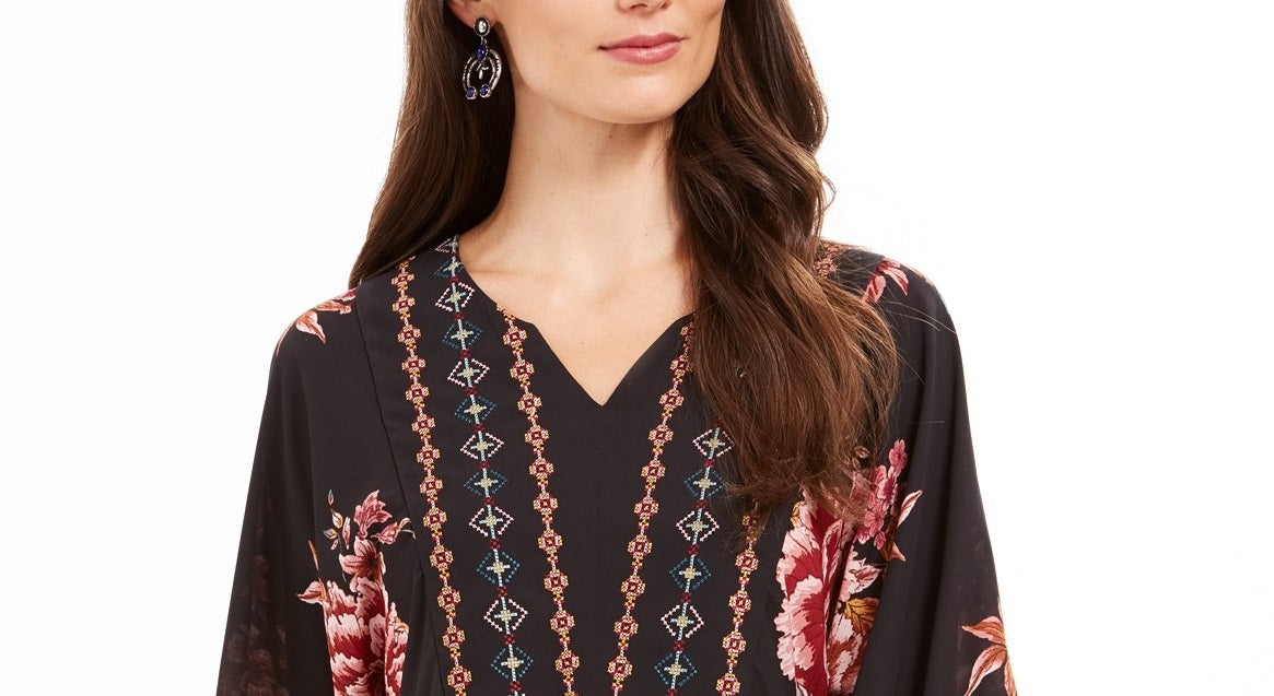 Style & Co Women's Printed Handkerchief-Hem Peasant Top Festive Black Size Large