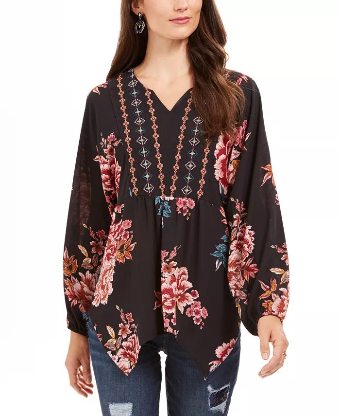 Style & Co Women's Printed Handkerchief-Hem Peasant Top Black Size Small