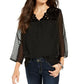 Style & Co Women's Mixed-Media Sheer-Sleeve Blouse Black Size Large