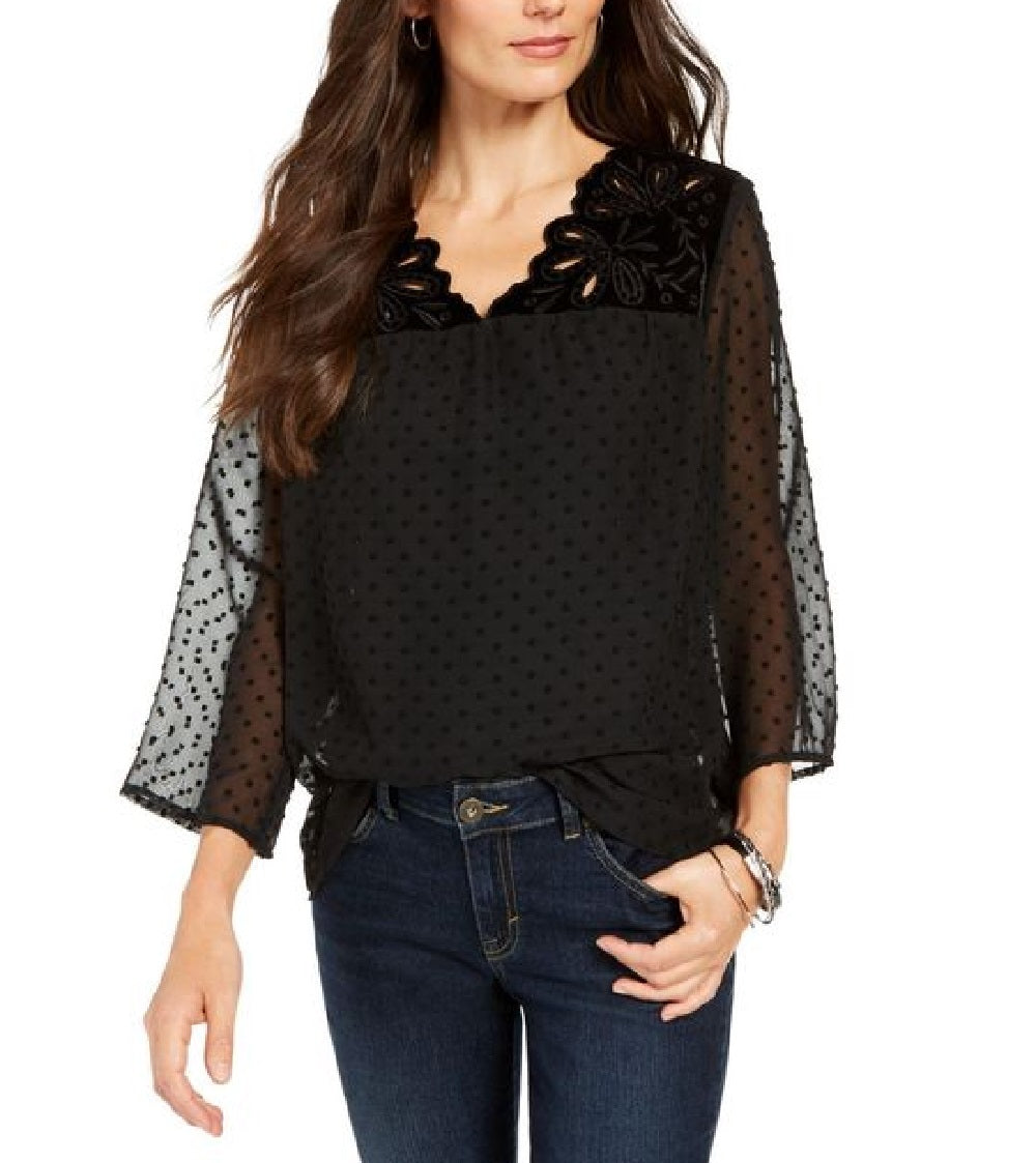 Style & Co Women's Mixed-Media Sheer-Sleeve Blouse Black Size Medium
