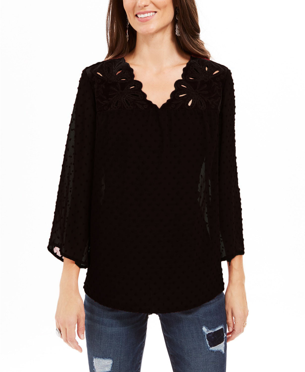 Style & Co Women's Mixed-Media Sheer-Sleeve Blouse  Black Size Extra Small