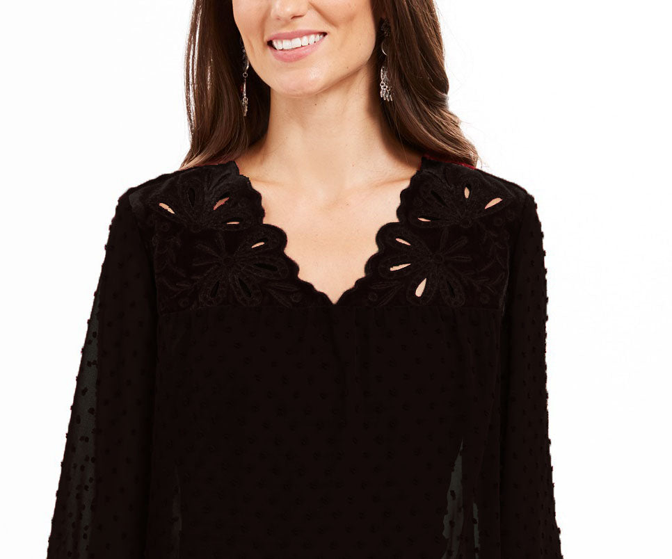 Style & Co Women's Mixed-Media Sheer-Sleeve Blouse  Black Size Extra Small