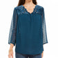 Style & Co Women's Mixed-Media Sheer-Sleeve Blouse Blue Size XX-Large