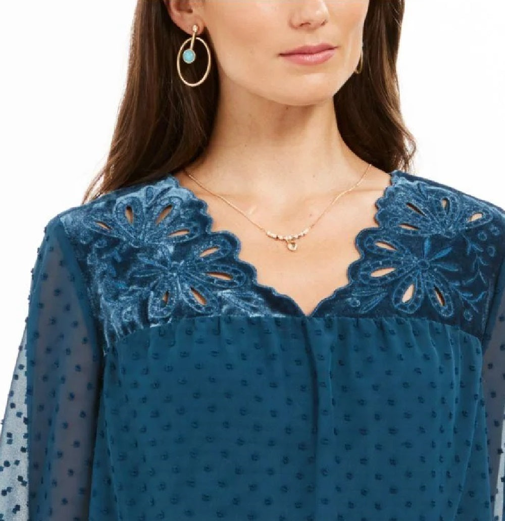 Style & Co Women's Mixed-Media Sheer-Sleeve Blouse Blue Size XX-Large