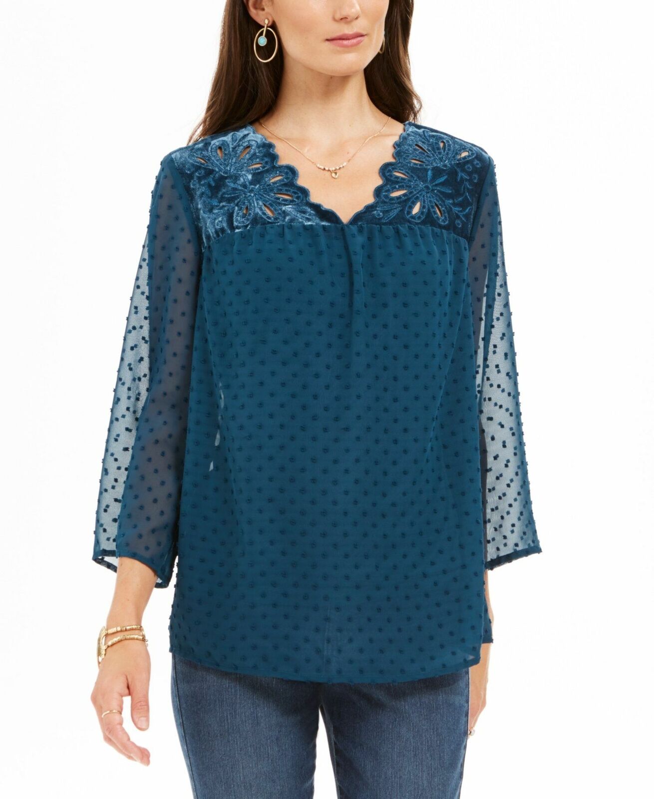 Style & Co Women's Mixed-Media Sheer-Sleeve Blouse Green Size Small